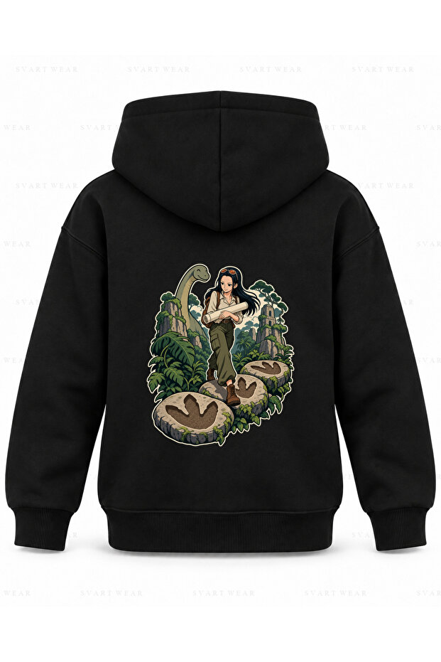 One Piece Stone Footprint Printed Black Kids Hooded Sweatshirt