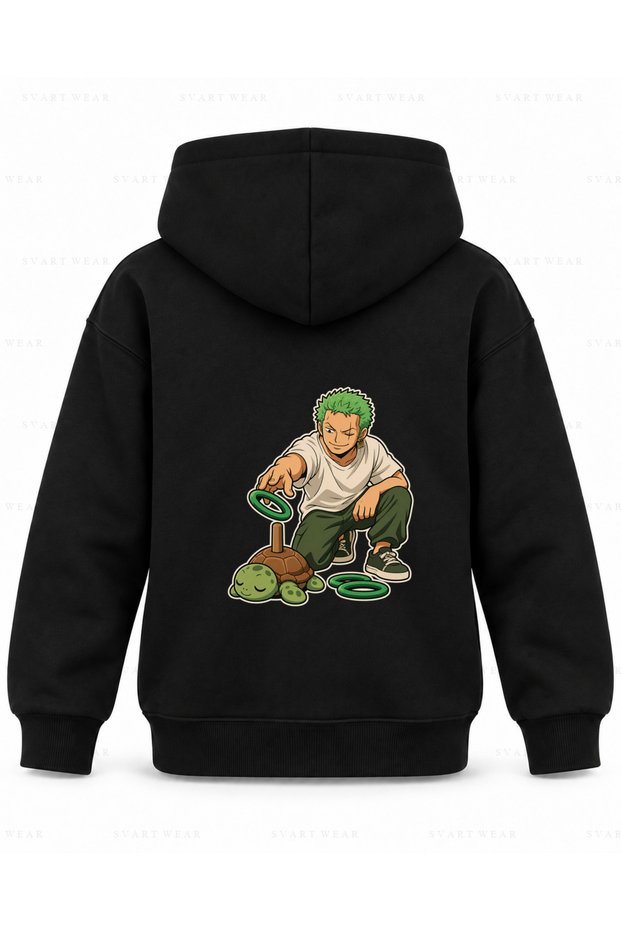 One Piece Zoro Ring Game Printed Black Kids Hooded Sweatshirt