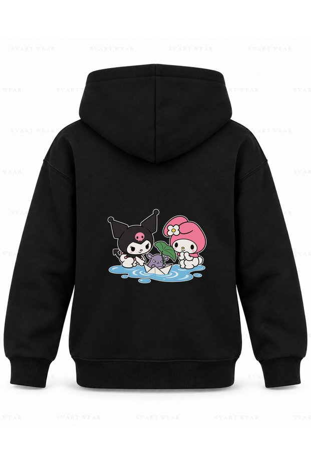 My Melody & Kuromi Paper Boat Printed Black Children's Hooded Sweatshirt