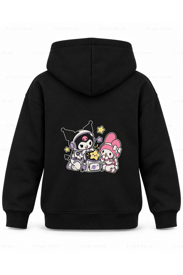 My Melody & Kuromi Space Bag Printed Black Children's Hooded Sweatshirt