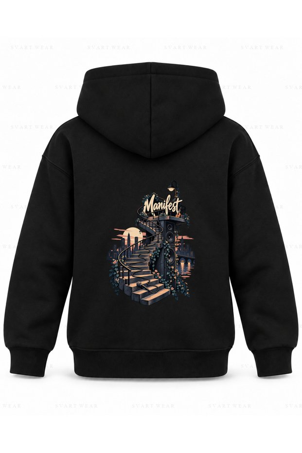 Manifest Merdiven Ritmi Printed Black Children's Hooded Sweatshirt