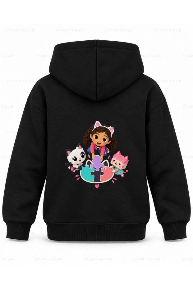 Gabby's Dollhouse Unity Puzzle Printed Black Children's Hooded Sweatshirt