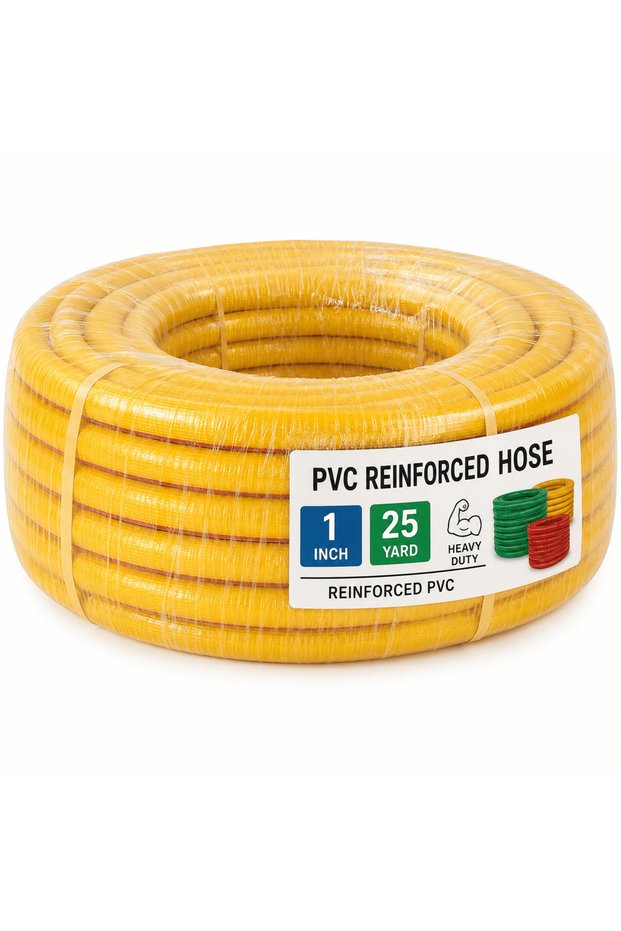 1 Inch x 25 Yard PVC Reinforced Garden Hose, Heavy Duty Flexible Water Hose, Yellow Outdoor Water Pipe For Garden Watering, Car Washing, Patio Cleaning, Garage & Household Use