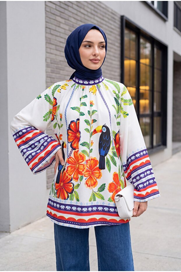 Beli Belted Oversize Wide Sleeve Patterned Tunic -White