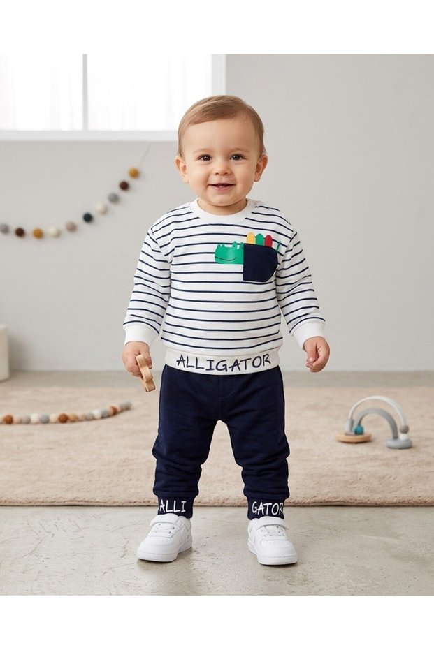 Baby Boy Seasonal Striped Crew Neck Long Sleeve Dinosaur Printed 100% Cotton Baby Set