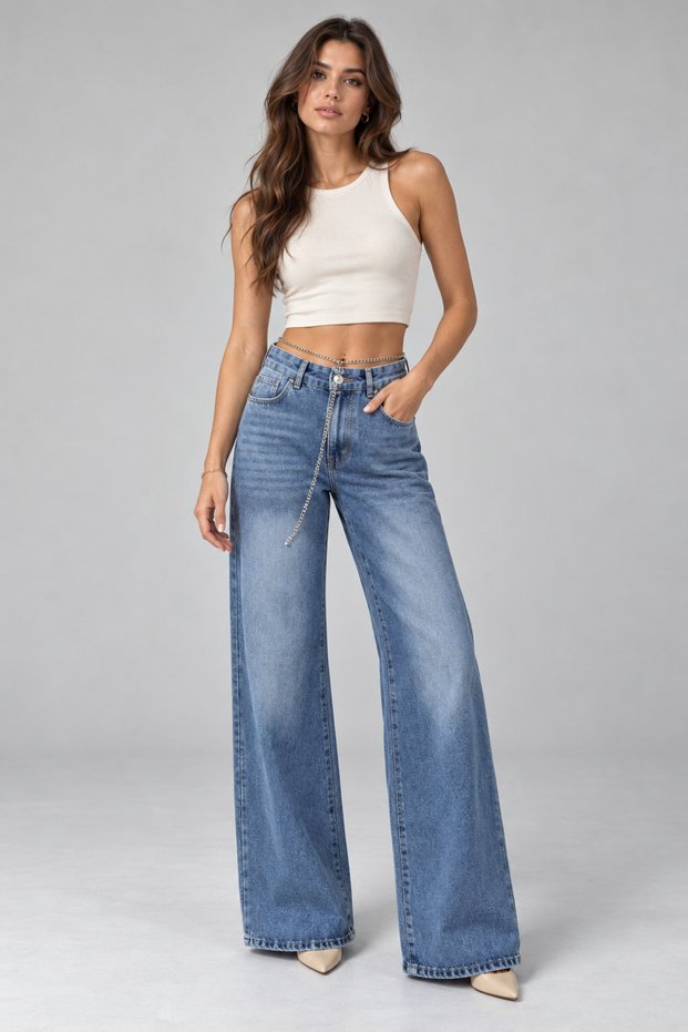 Wide Leg Jeans with Blue Embellished Chain Accessories