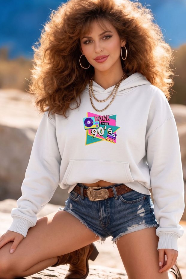 Women's Oversize Hoodie Back to the 90's Printed White - Hooded, Kangaroo Pocket, 3 Thread Fleece