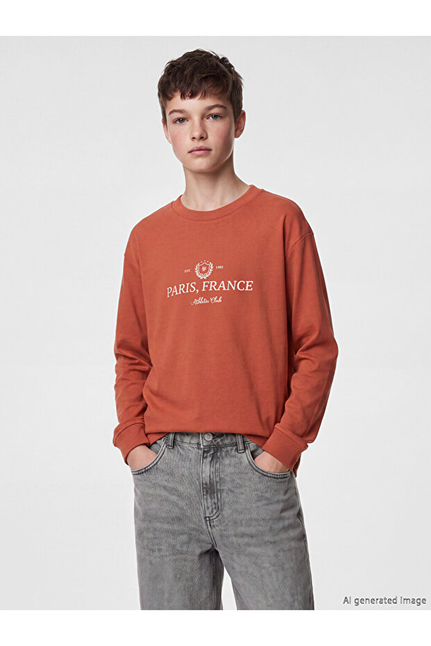 Brown Crew Neck Paris Printed Boys' T-Shirt