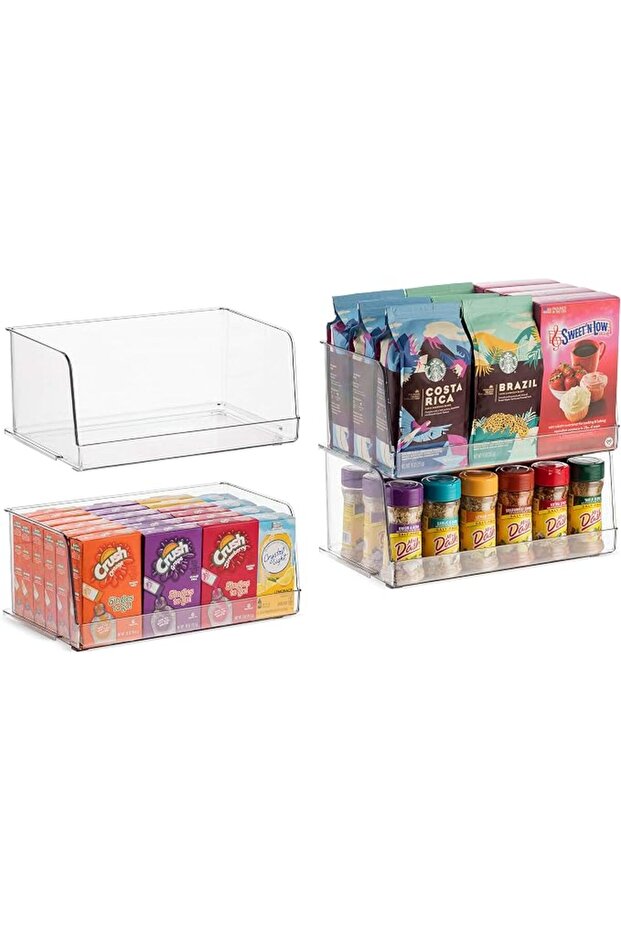 Set of 4 Clear Plastic Stackable Food Fridge Storage Organizer Box with Wide Open Front for Kitchen and Table