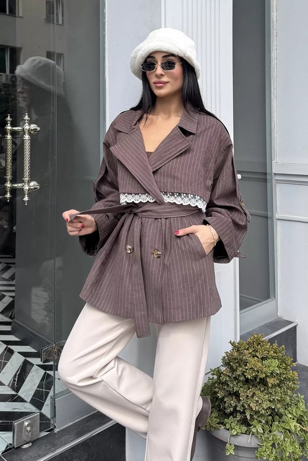 Coffee Lace Detailed Striped Trench Coat