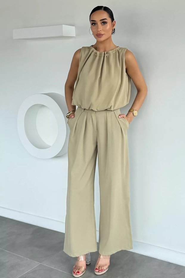 Beige Women's Elastic Waist Pants and Blouse Two-Piece Set