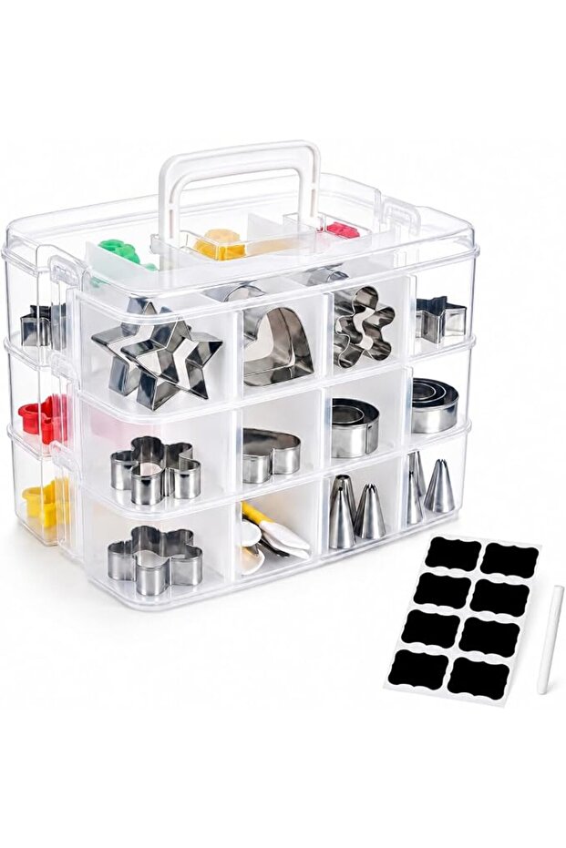 Cookie Cutter Organizer, 3 Tier Baking Storage Box with Transparent Dustproof Lid, 12 Adjustable Com