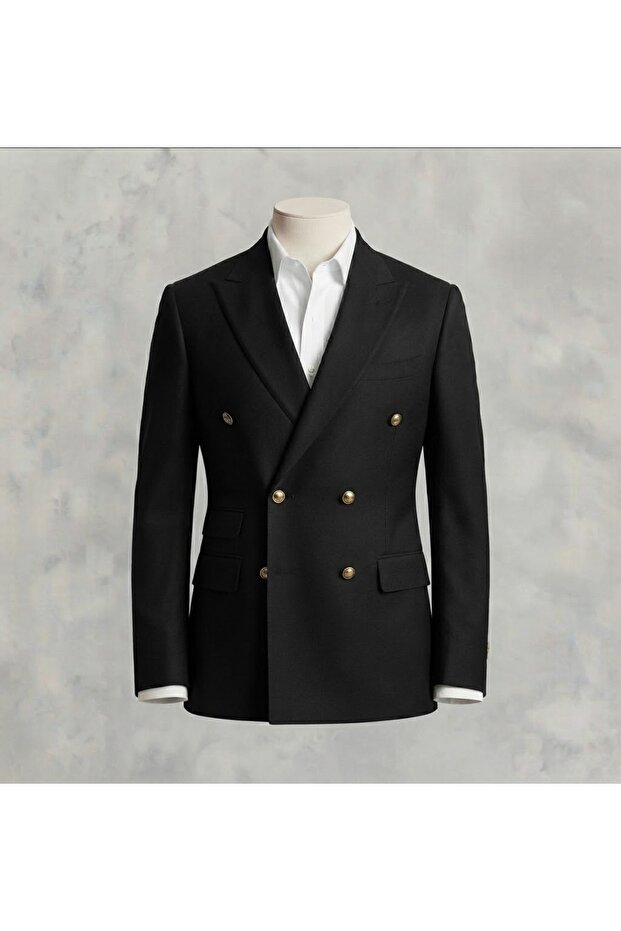 Men's Black Slim Fit Gold Button Double Breasted Blazer Single Jacket