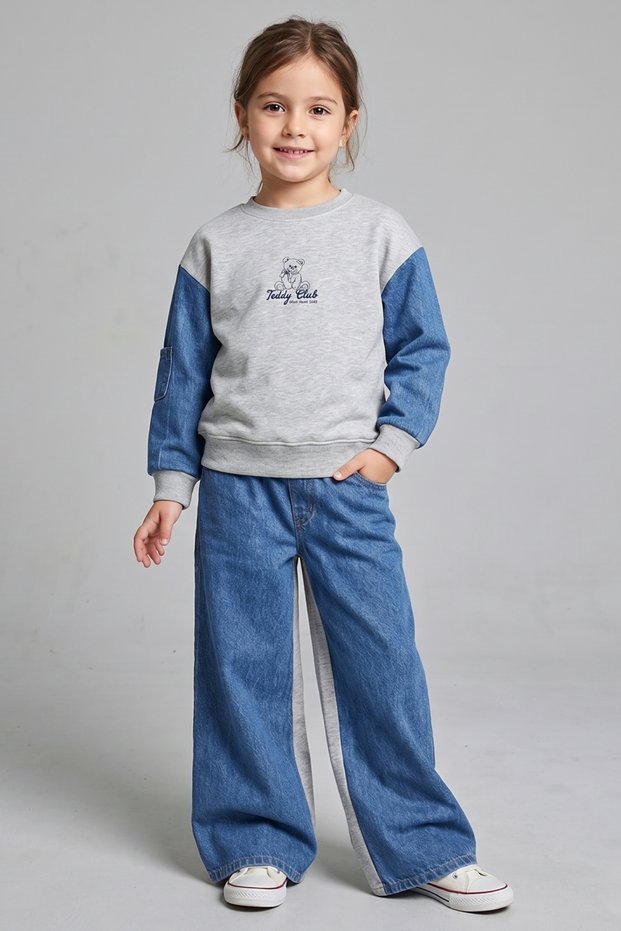 Girl's Cotton Tracksuit with Elastic Waist and Denim Details
