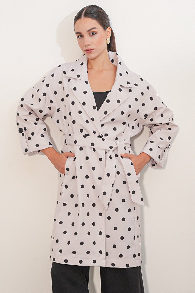 9104 Double-Breasted Collared Lined Trench Coat - Ecru