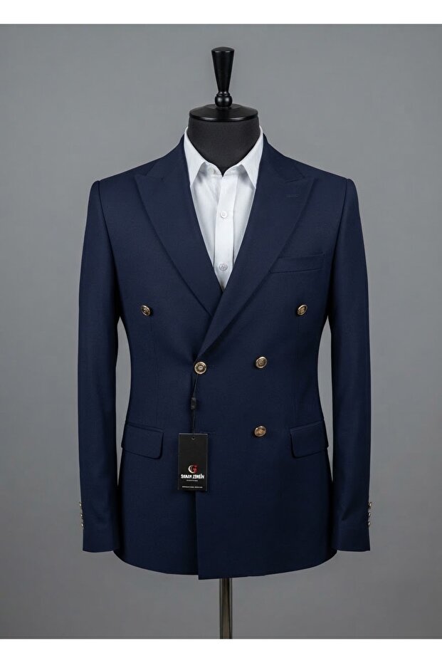 Men's Navy Blue Slim Fit Gold Button Double Breasted Blazer Single Jacket