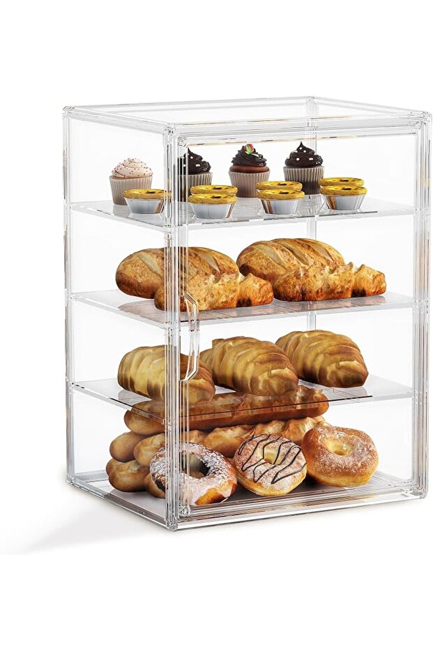 4-Tier Pastry Display Case - Large Bread Box for Kitchen Countertop, Adjustable Bread Storage Contai