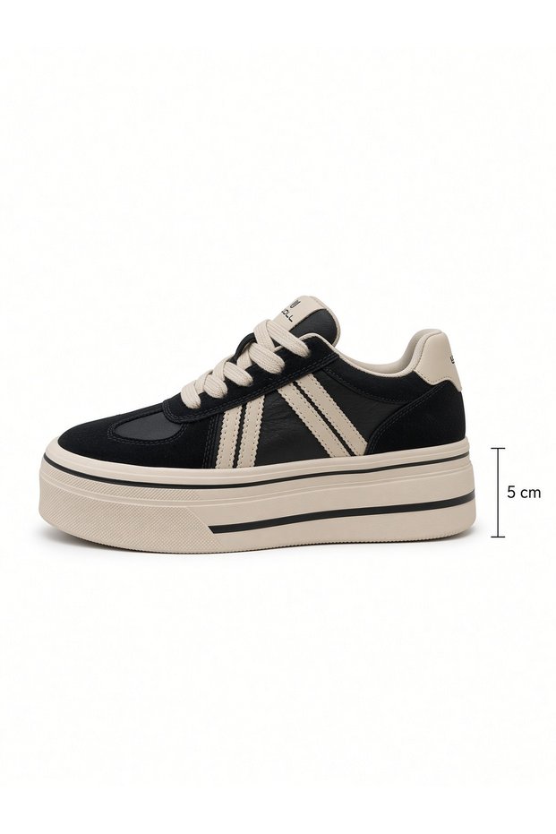 Women's Black Suede Leather Platform Sneaker – Cream Double Stripe, Thick Sole