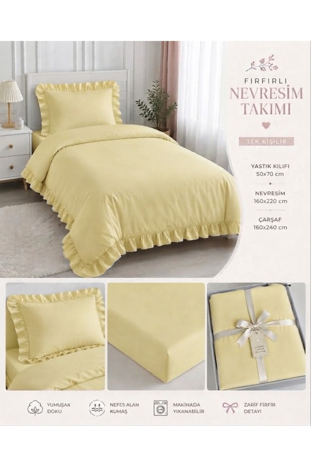 Duvet Cover Set Single Size 100% Cotton Ruffled Yellow