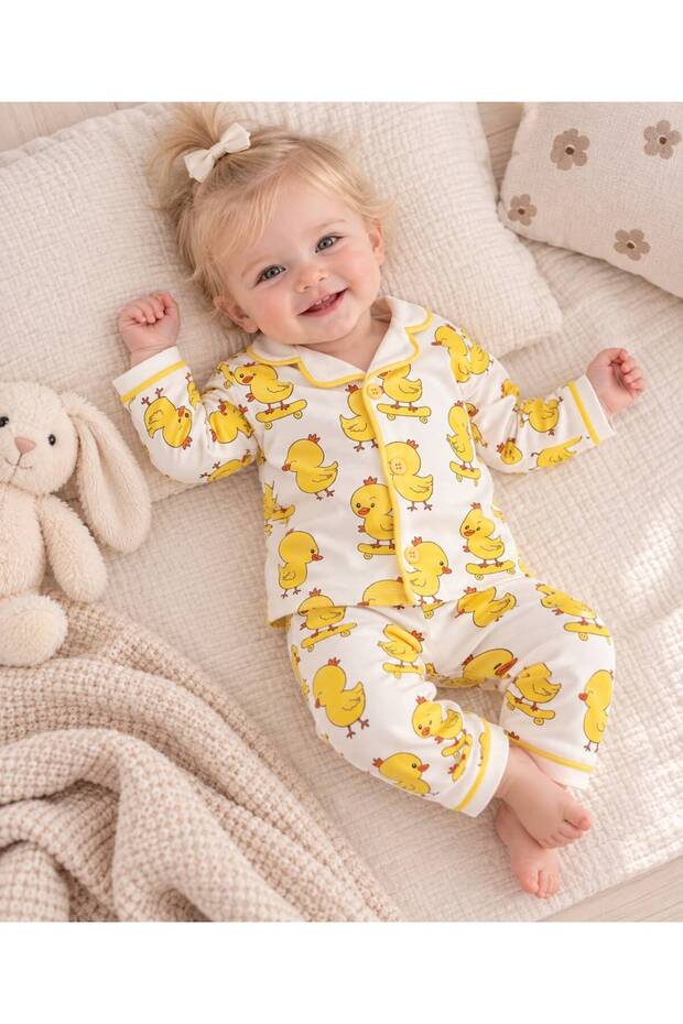 100% Cotton Long Sleeve Buttoned Seasonal Skateboarded Duck Patterned Soft Textured Unisex Bottom Top Baby Pajama Set