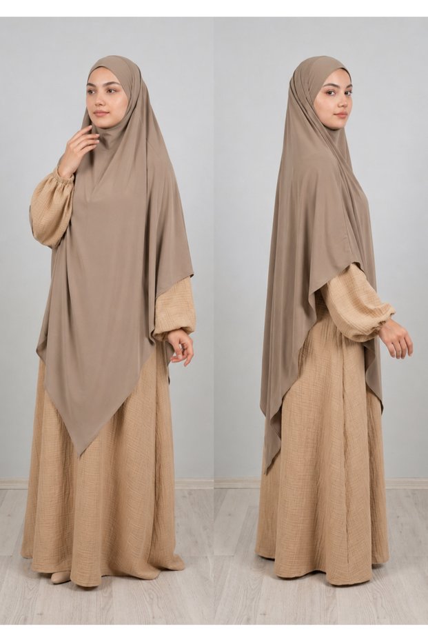 Full Size Triangle Sandy Souffle Khimar Hijab Scarf Beige