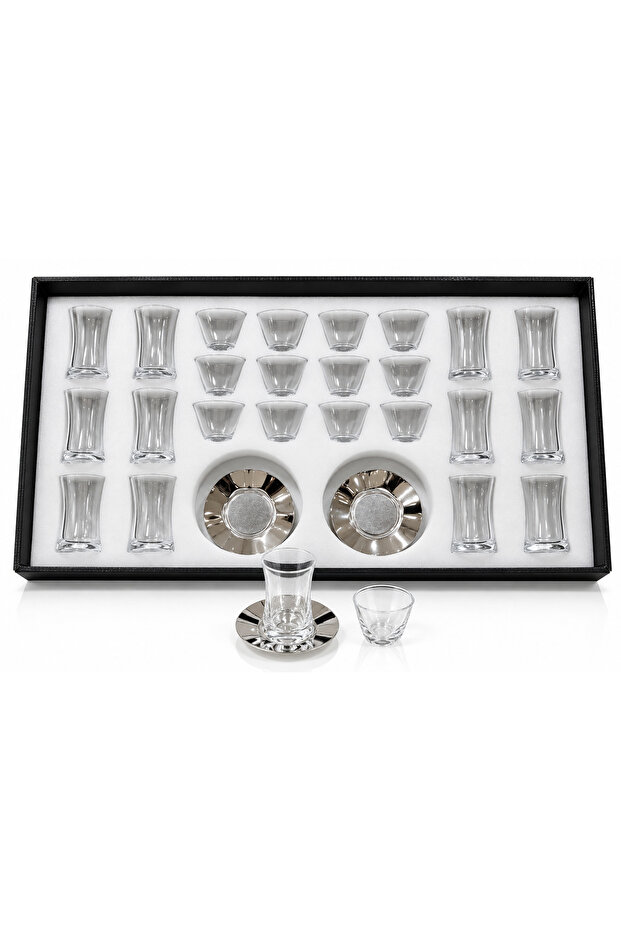 Silver Plated Glass Tea Cup and Coffee Cup Set - 36 Pieces