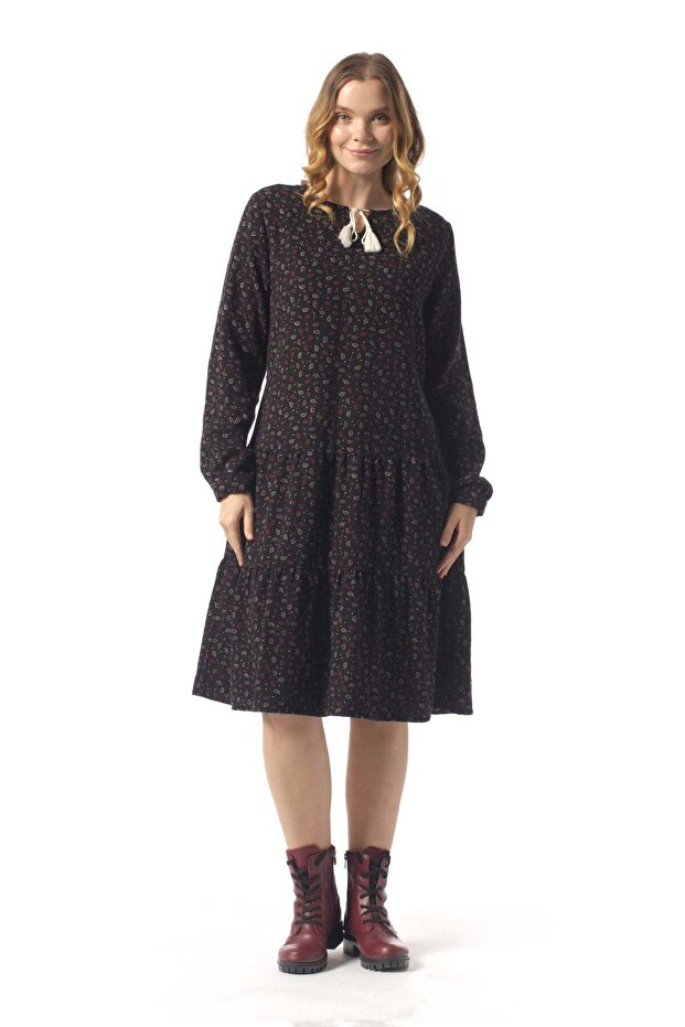 Long Sleeve Rose Patterned Shawl Winter Waist-Tie Flannel Midi Dress Black Syh