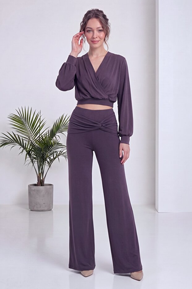 Women's Double-Breasted Crop Top and Wide-Leg Pants Two-Piece Set Textured Fabric Ecru, Purple, Black