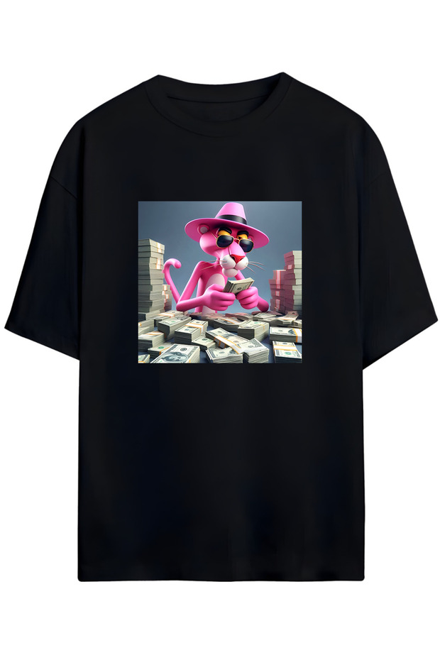 Pink Panther Film Printed Black Oversize T-Shirt Unisex Cotton Loose Fit T-Shirt