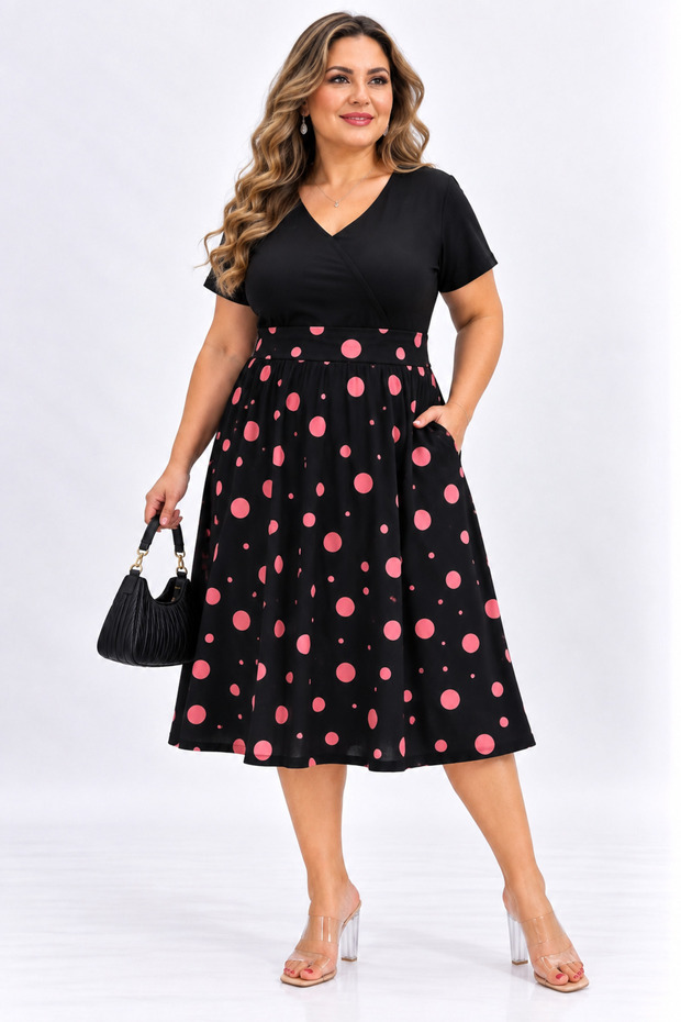 Plus Size V-Neck Polka Dot Belted Pocket Short Sleeve Women's Dress