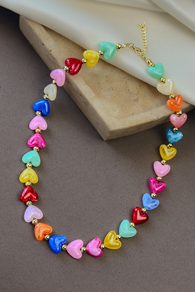 Handmade Multi-Colored Heart Beaded Gold Detailed Necklace