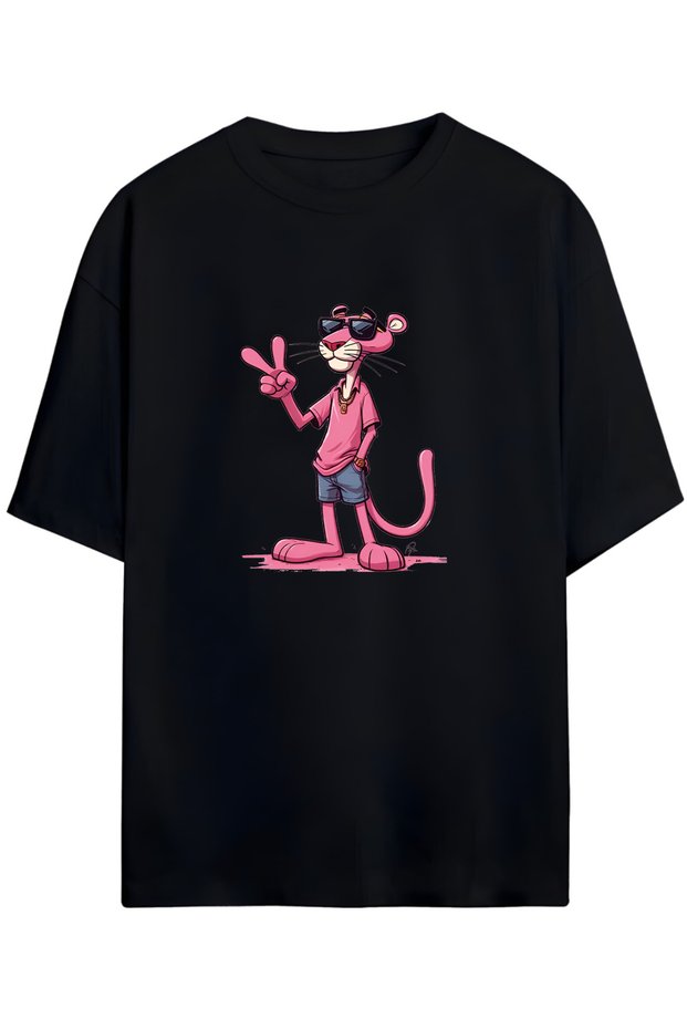 Pink Panther Film Printed Black Oversize T-Shirt Cotton Unisex Comfortable Cut Model