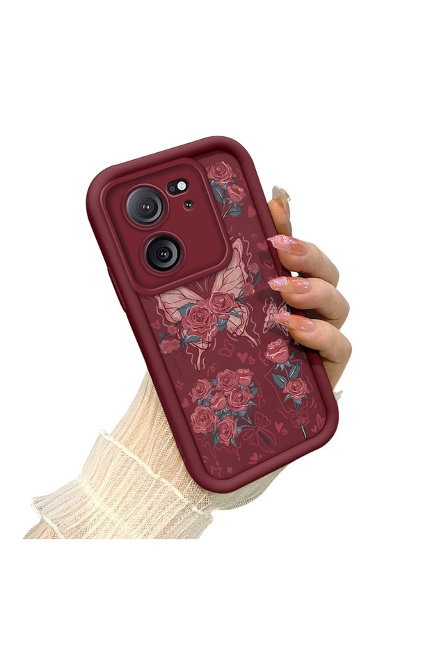 Mi 13t Pro/Mi 13t Compatible Rose Butterfly Case, Burgundy Background Romantic Heart Line Motif