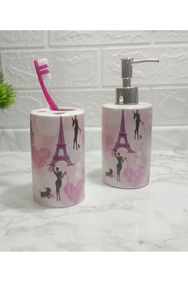 Liquid Soap Dispenser and Toothbrush Holder Double Bathroom Set Paris Model Ceramic