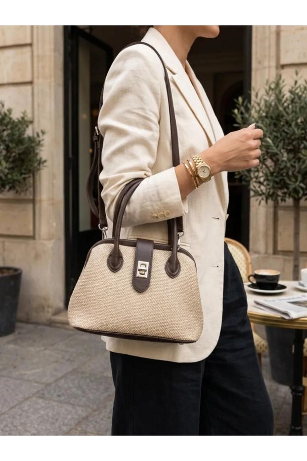 Straw-Textured Brown Clutch Bag with Brown Accents, Lock, and Crisscross Straps for Women CANEDR08