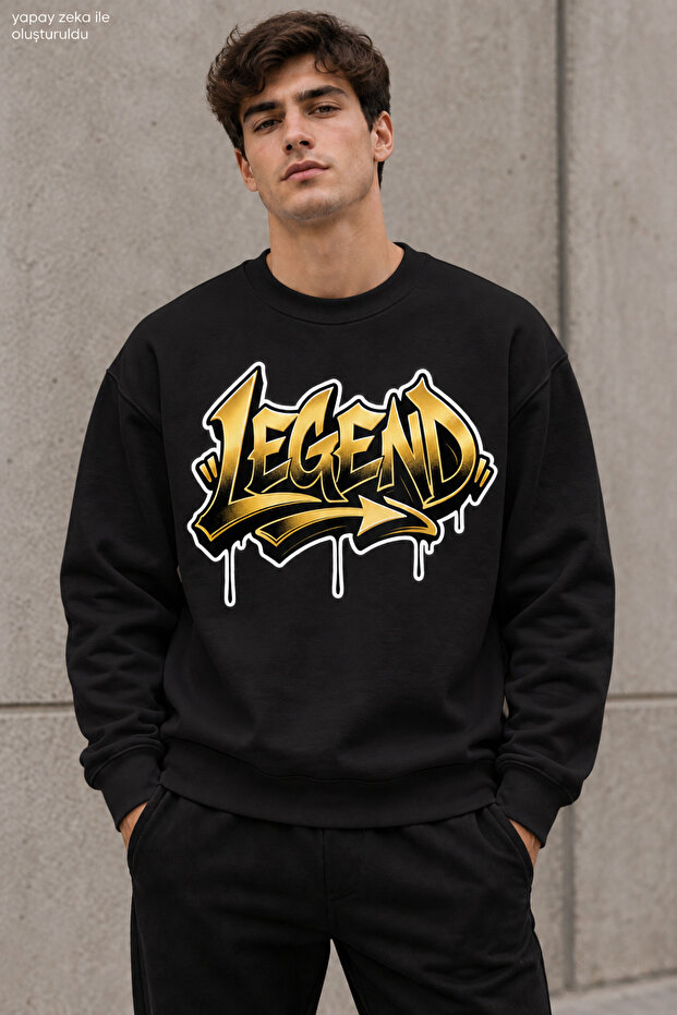 Men's Yellow Black Graffiti Lettering Legend Printed Crew Neck Casual Regular Fit Sweatshirt
