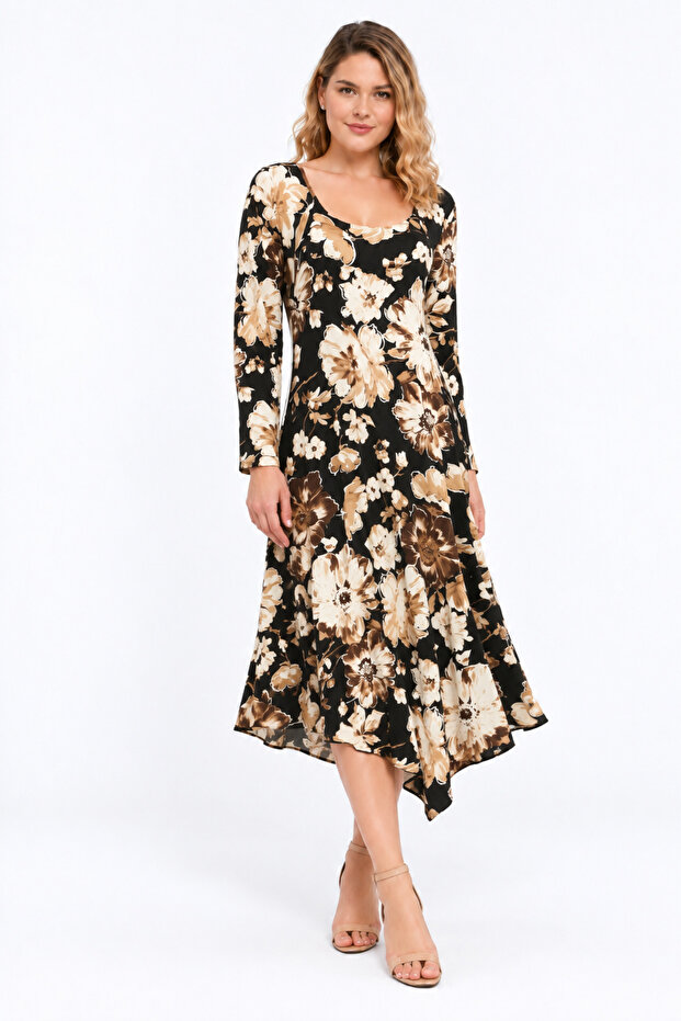 Women's Plus Size, Black, Asymmetrical Hemline, Long Sleeve Viscose Dress 65N39633