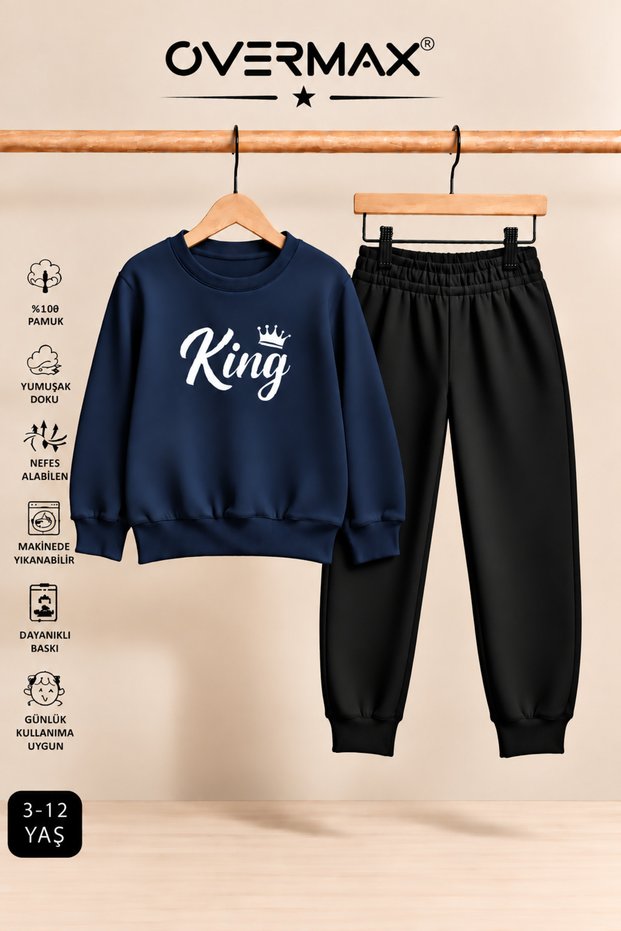 King Printed Kids' Tracksuit Set – Hoodless Sweatshirt & Sweatpants