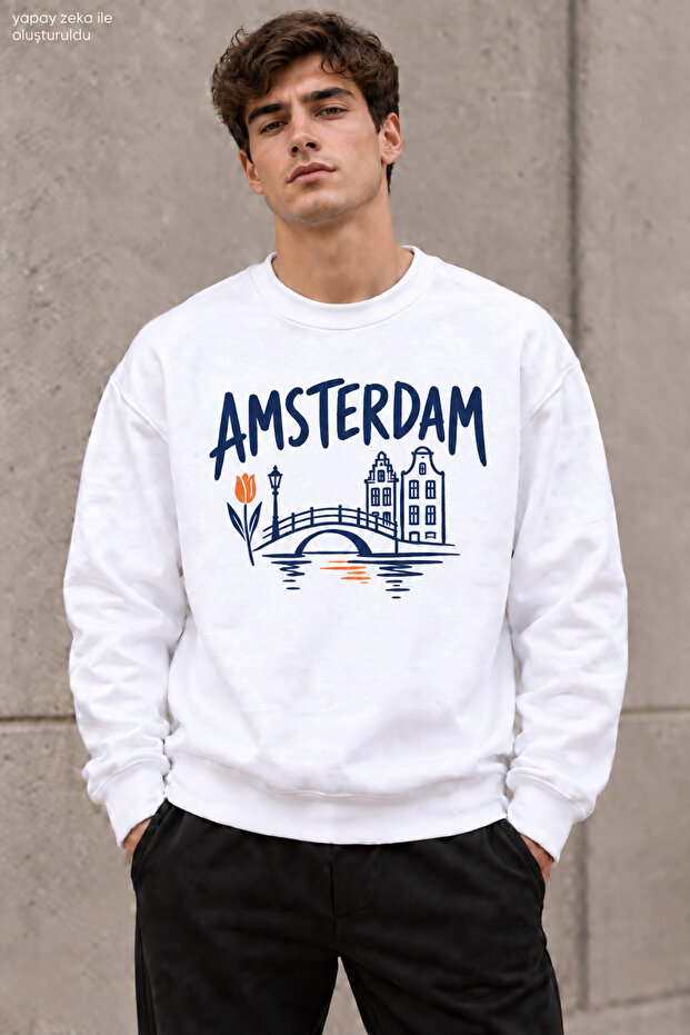 Men's Amsterdam Lettering and Bridge Print Crew Neck Casual Regular Fit Sweatshirt