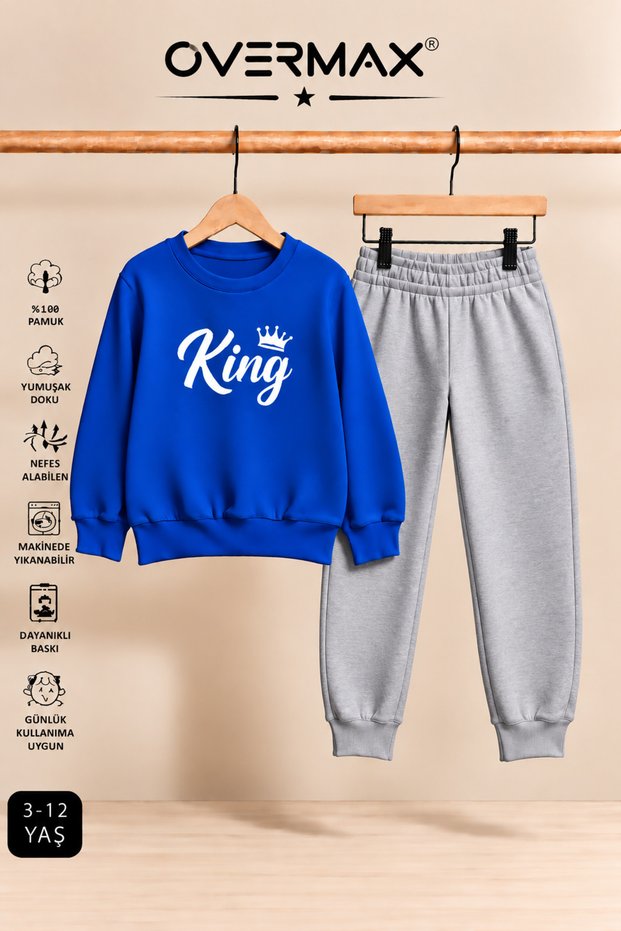 King Printed Kids' Tracksuit Set – Hoodless Sweatshirt & Sweatpants