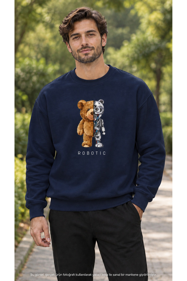 Men's Semi-Plush Semi-Robot Bear Printed Crew Neck Casual Regular Fit Sweatshirt