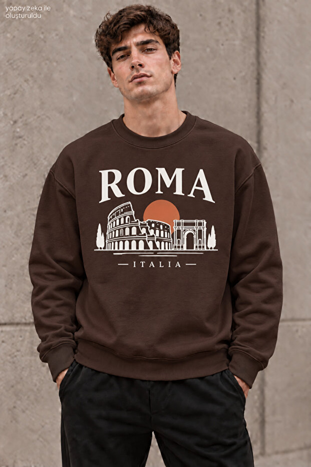 Men's Roma Italia Written and Printed Crew Neck Casual Regular Fit Sweatshirt
