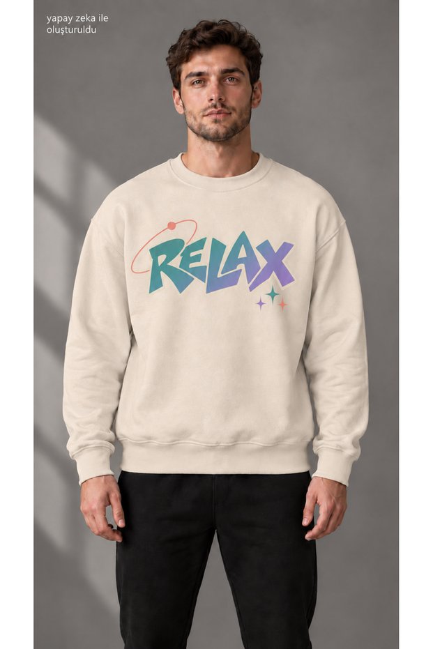 Men's Retro Planetary Ring and Relax Printed Crew Neck Casual Regular Fit Sweatshirt