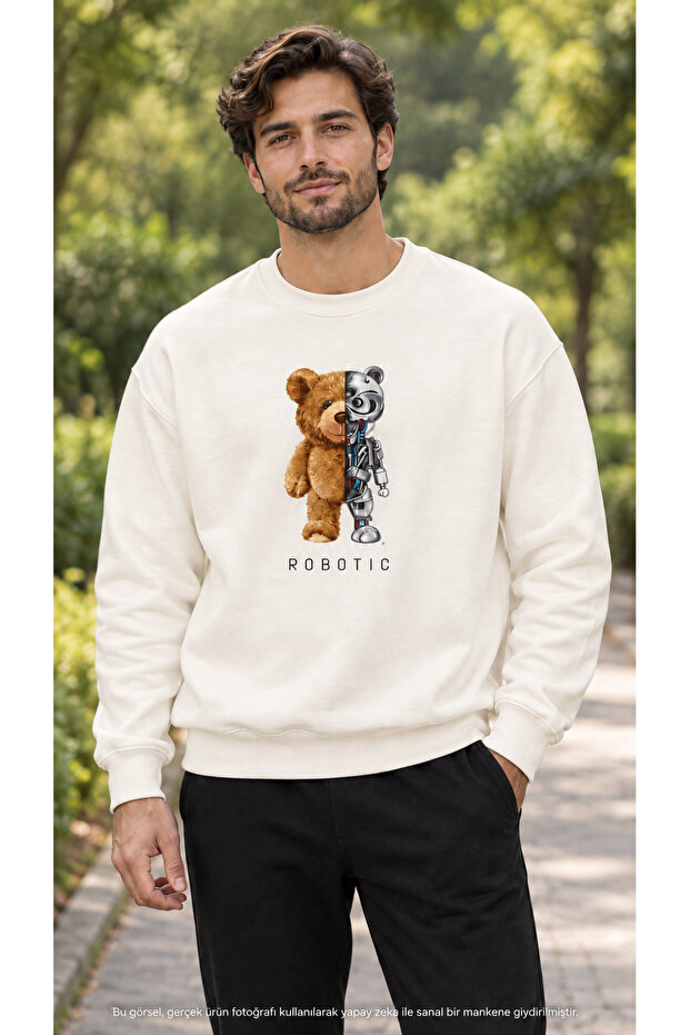 Men's Semi-Plush Semi-Robot Bear Printed Crew Neck Casual Regular Fit Sweatshirt