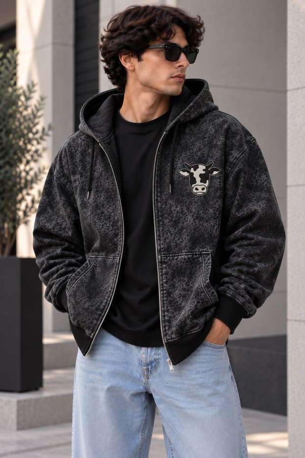 Men's Oversize Printed Hooded Zipper Sweatshirt Jacket Washed Look Streetwear