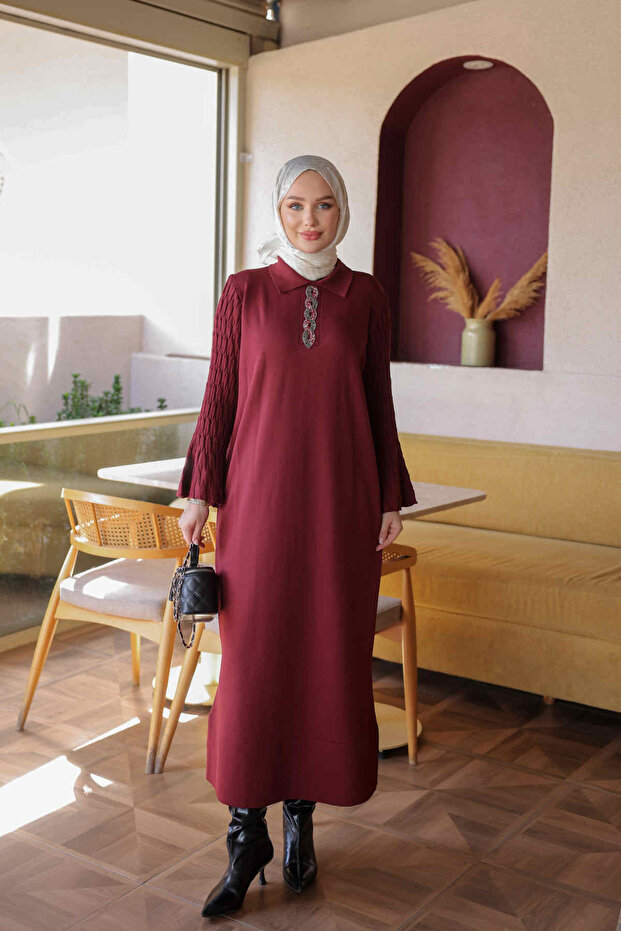 Burgundy Mercerized Stone Embellished Knitwear Dress