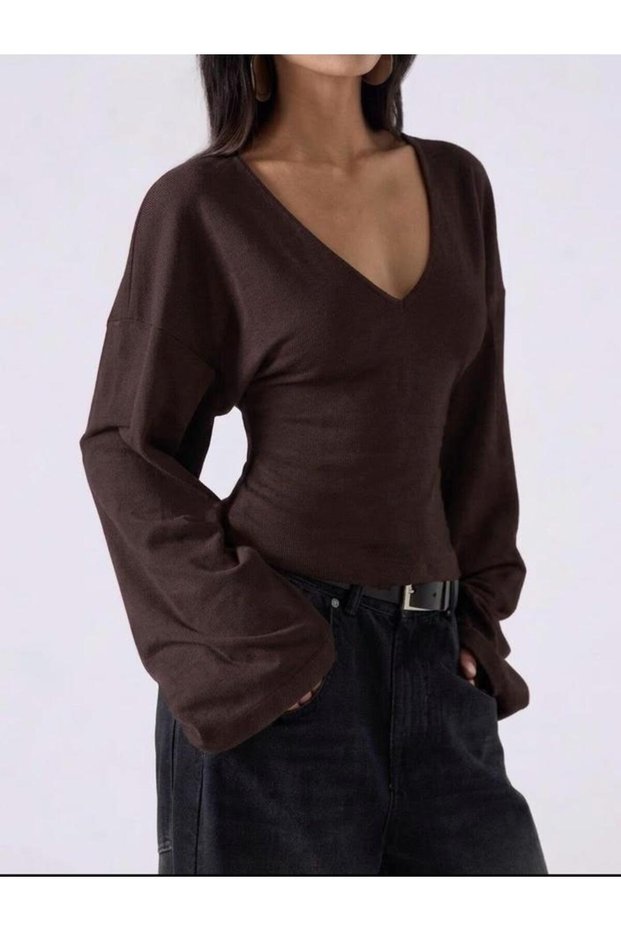 Women's Modal Fabric V-Neck Wide Sleeve Waist-Fitted Blouse