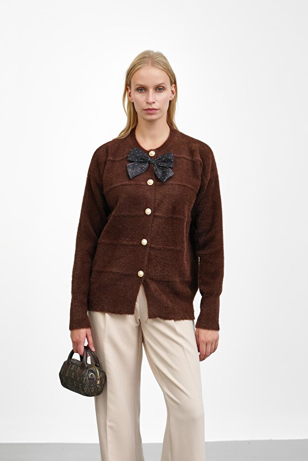 Brown Bow Detailed Angora Soft Knitwear Cardigan
