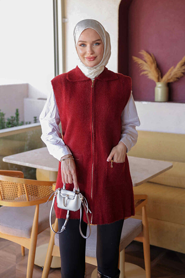 Burgundy Zippered Angora Soft Knitwear Vest