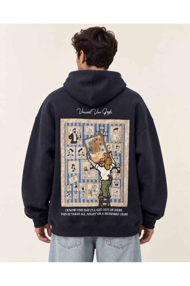 Van Gogh Sunflowers Painting Printed Navy Blue Oversize Hoodie Hooded Sweatshirt